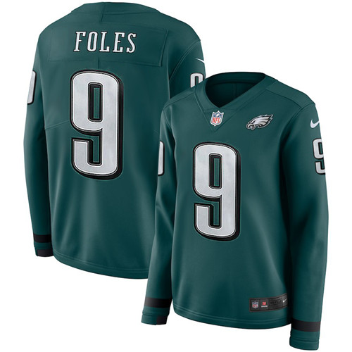 Nike Eagles 9 Nick Foles Green Women Therma Long Sleeve Jersey
