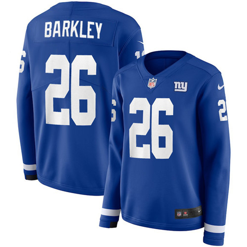 Nike Giants 26 Saquon Barkley Royal Women Therma Long Sleeve Jersey