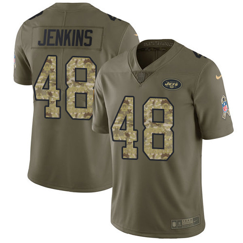 Nike Jets #48 Jordan Jenkins Olive Camo Men's Stitched NFL Limited 2017 Salute To Service Jersey