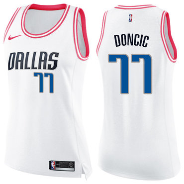 Nike Mavericks #77 Luka Doncic White Pink Women's NBA Swingman Fashion Jersey