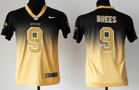Nike New Orleans Saints #9 Drew Brees Black_Gold Fadeaway Kids Jersey