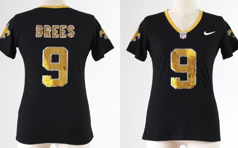 Nike New Orleans Saints #9 Drew Brees Handwork Sequin Lettering Fashion Black Womens Jersey 