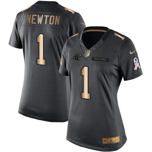 Nike Panthers #1 Cam Newton Black Women's Stitched NFL Limited Gold Salute to Service Jersey