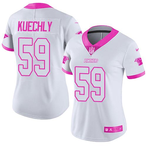 Nike Panthers #59 Luke Kuechly White Pink Women's Stitched NFL Limited Rush Fashion Jersey