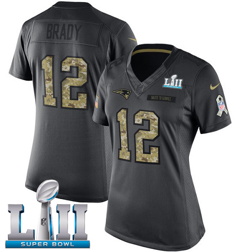 Nike Patriots #12 Tom Brady Black Super Bowl LII Women's Stitched NFL Limited 2016 Salute to Service Jersey