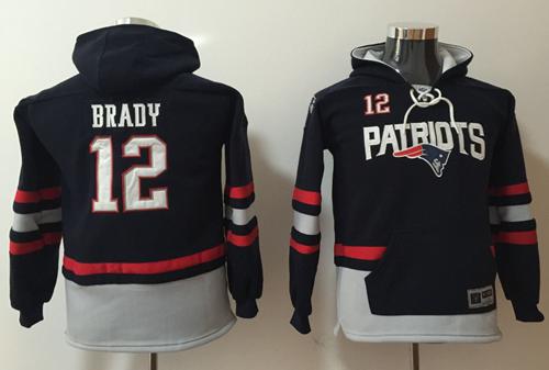 Nike Patriots #12 Tom Brady Navy Blue Grey Youth Name & Number Pullover NFL Hoodie