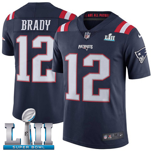 Nike Patriots #12 Tom Brady Navy Blue Super Bowl LII Men's Stitched NFL Limited Rush Jersey
