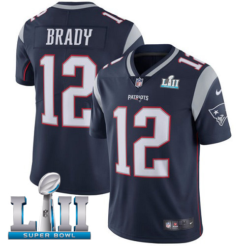 Nike Patriots #12 Tom Brady Navy Blue Team Color Super Bowl LII Men's Stitched NFL Vapor Untouchable Limited Jersey