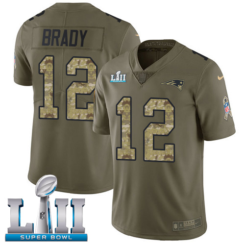 Nike Patriots #12 Tom Brady Olive Camo Super Bowl LII Men's Stitched NFL Limited 2017 Salute To Service Jersey