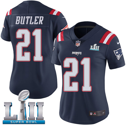 Nike Patriots #21 Malcolm Butler Navy Blue Super Bowl LII Women's Stitched NFL Limited Rush Jersey