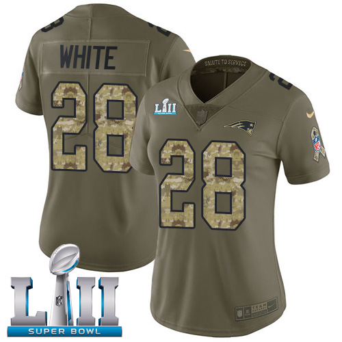 Nike Patriots #28 James White Olive Camo Super Bowl LII Women's Stitched NFL Limited 2017 Salute to Service Jersey