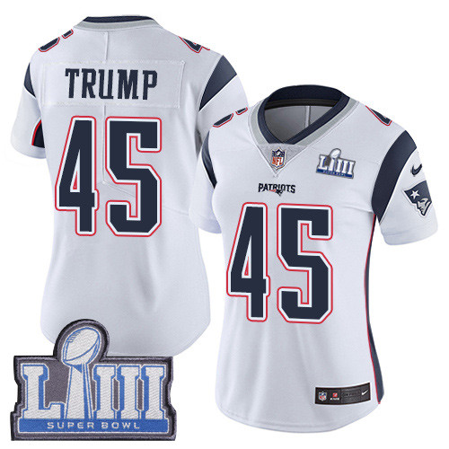 Nike Patriots #45 Donald Trump White Super Bowl LIII Bound Women's Stitched NFL Vapor