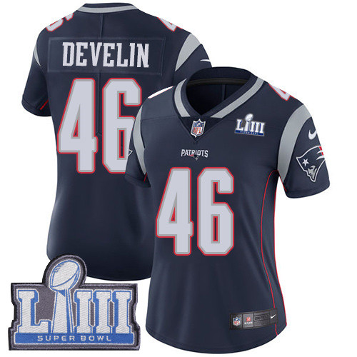 Nike Patriots #46 James Develin Navy Blue Team Color Super Bowl LIII Bound Women's