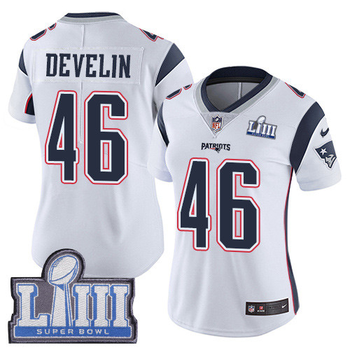 Nike Patriots #46 James Develin White Super Bowl LIII Bound Women's Stitched NFL Vapor