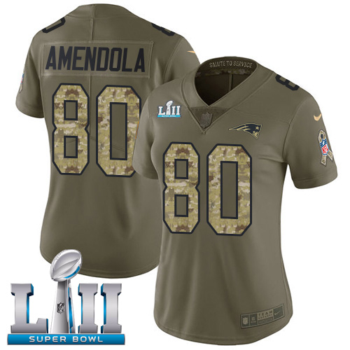 Nike Patriots #80 Danny Amendola Olive Camo Super Bowl LII Women's Stitched NFL Limited 2017 Salute to Service Jersey