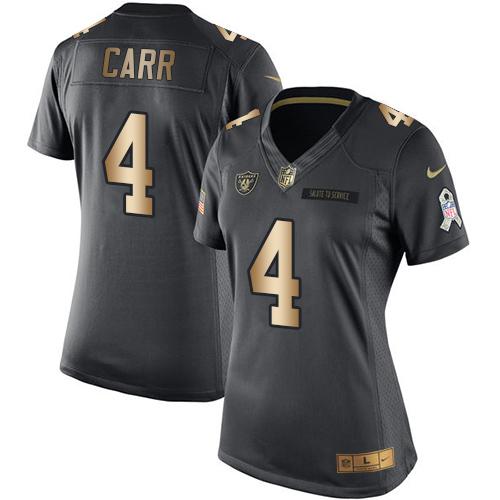 Nike Raiders #4 Derek Carr Black Women's Stitched NFL Limited Gold Salute to Service Jersey