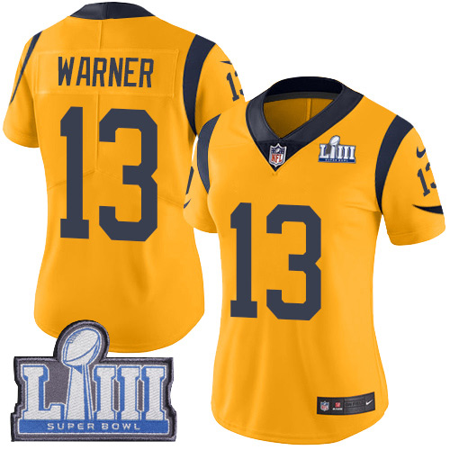 Nike Rams #13 Kurt Warner Gold Super Bowl LIII Bound Women's Stitched NFL Limited Rush