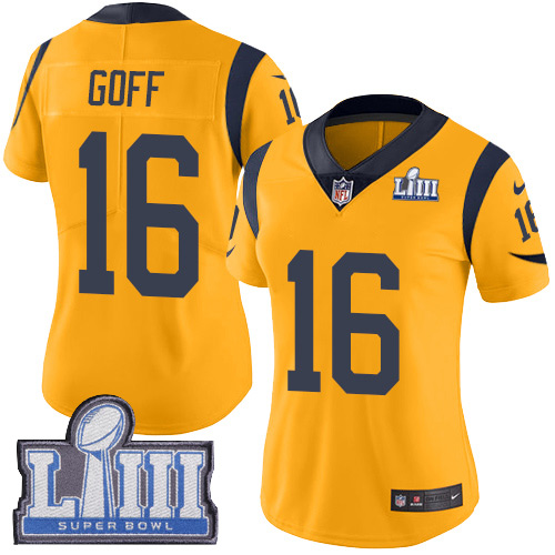 Nike Rams #16 Jared Goff Gold Super Bowl LIII Bound Women's Stitched NFL Limited Rush