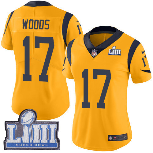 Nike Rams #17 Robert Woods Gold Super Bowl LIII Bound Women's Stitched NFL Limited