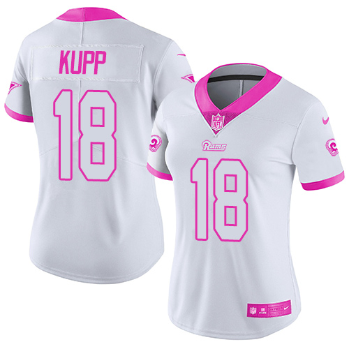 Nike Rams #18 Cooper Kupp White Pink Women's Stitched NFL Limited Rush Fashion Jersey