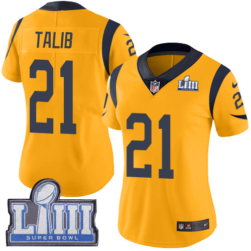 Nike Rams #21 Aqib Talib Gold Super Bowl LIII Bound Women's Stitched NFL Limited Rush