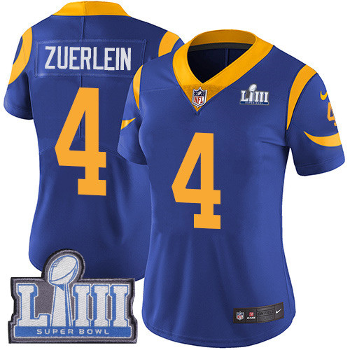 Nike Rams #4 Greg Zuerlein Royal Blue Alternate Super Bowl LIII Bound Women's Stitched NFL