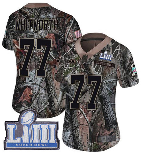Nike Rams #77 Andrew Whitworth Camo Super Bowl LIII Bound Women's Stitched NFL