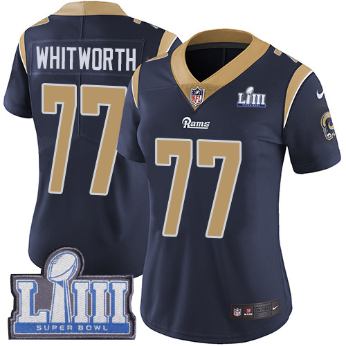 Nike Rams #77 Andrew Whitworth Navy Blue Team Color Super Bowl LIII Bound Women's