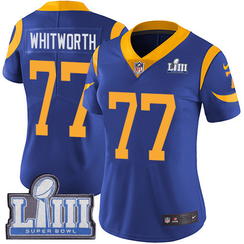 Nike Rams #77 Andrew Whitworth Royal Blue Alternate Super Bowl LIII Bound Women's