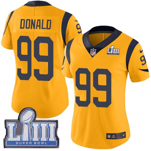 Nike Rams #99 Aaron Donald Gold Super Bowl LIII Bound Women's Stitched NFL Limited