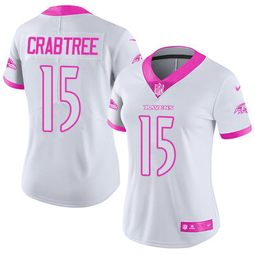 Nike Ravens #15 Michael Crabtree White Pink Women's Stitched NFL Limited Rush Fashion Jersey