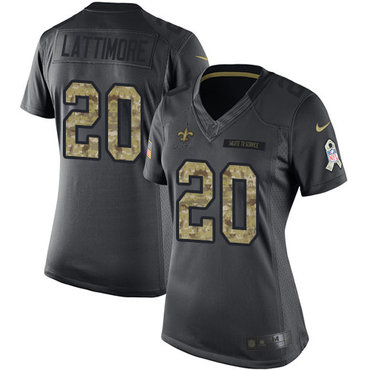 Nike Saints #20 Marshon Lattimore Black Women's Stitched NFL Limited 2016 Salute to Service Jersey