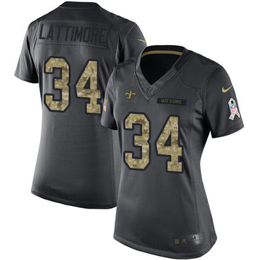 Nike Saints #34 Marshon Lattimore Black Women's Stitched NFL Limited 2016 Salute to Service Jersey