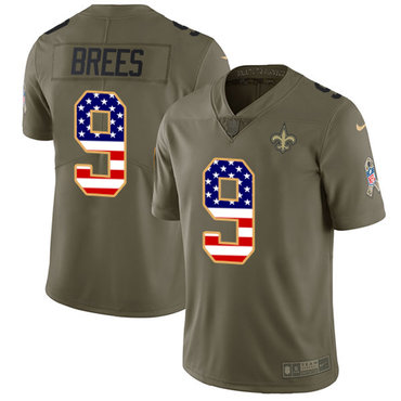 Nike Saints #9 Drew Brees Olive USA Flag Men's Stitched NFL Limited 2017 Salute To Service Jersey