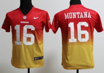 Nike San Francisco 49ers #16 Joe Montana Red_Gold Fadeaway Kids Jersey