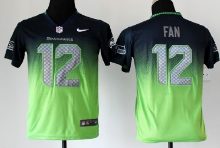 Nike Seattle Seahawks #12 Fan Navy Blue_Green Fadeaway Kids Jersey 