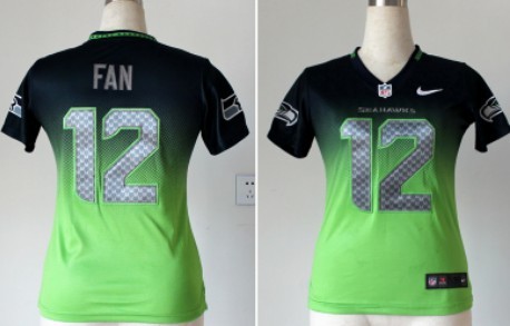 Nike Seattle Seahawks #12 Fan Navy Blue_Green Fadeaway Womens Jersey 