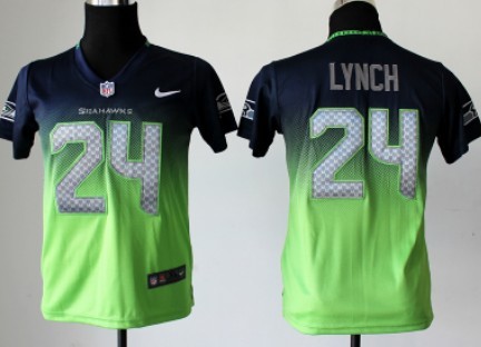 Nike Seattle Seahawks #24 Marshawn Lynch Navy Blue_Green Fadeaway Kids Jersey 
