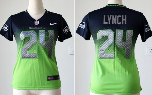 Nike Seattle Seahawks #24 Marshawn Lynch Navy Blue_Green Fadeaway Womens Jersey 