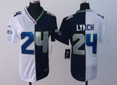 Nike Seattle Seahawks #24 Marshawn Lynch White_Navy Blue Two Tone Womens Jersey 