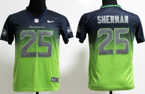 Nike Seattle Seahawks #25 Richard Sherman Navy Blue_Green Fadeaway Kids Jersey 