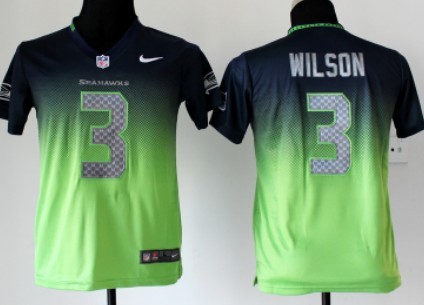 Nike Seattle Seahawks #3 Russell Wilson Navy Blue_Green Fadeaway Kids Jersey 
