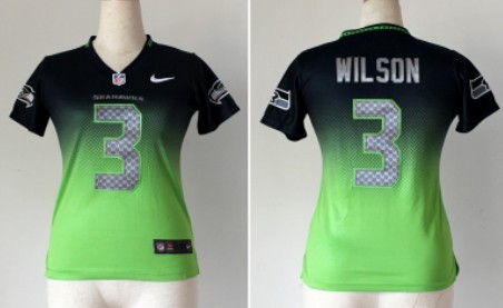 Nike Seattle Seahawks #3 Russell Wilson Navy Blue_Green Fadeaway Womens Jersey 