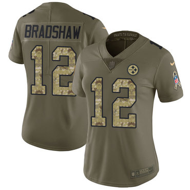 Nike Steelers #12 Terry Bradshaw Olive Camo Women's Stitched NFL Limited 2017 Salute to Service Jersey