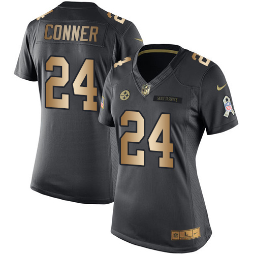Nike Steelers #24 James Conner Black Women's Stitched NFL Limited Gold Salute to Service Jersey