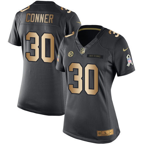 Nike Steelers #30 James Conner Black Women's Stitched NFL Limited Gold Salute to Service Jersey