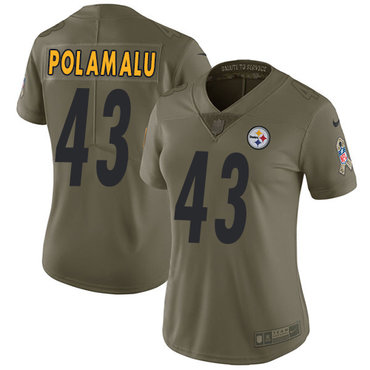 Nike Steelers #43 Troy Polamalu Olive Women's Stitched NFL Limited 2017 Salute to Service Jersey