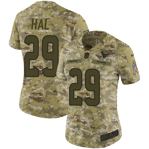 Nike Texans #29 Andre Hal Camo Women's Stitched NFL Limited 2018 Salute to Service Jersey