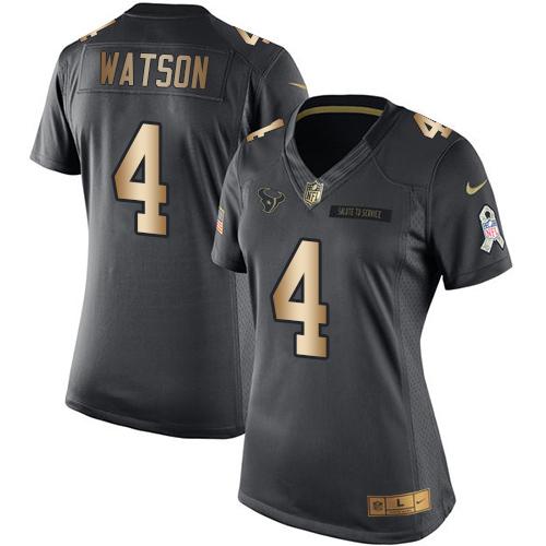 Nike Texans #4 Deshaun Watson Black Women's Stitched NFL Limited Gold Salute to Service Jersey