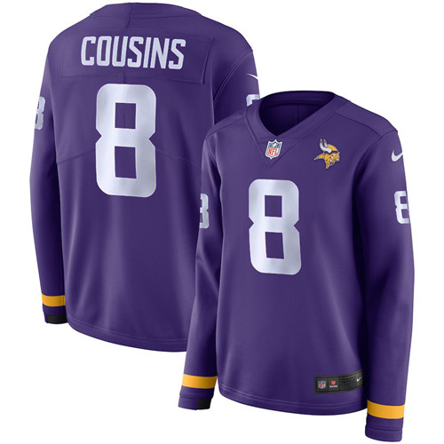 Nike Vikings 8 Kirk Cousins Purple Women Therma Long Sleeve Jersey